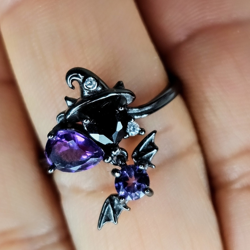 NEW 925ss Mystical Aura Coated Black and Purple Witch Hat Ring